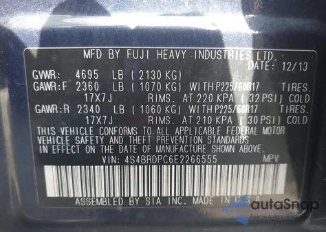 2014 Subaru Outback 3.6R Limited z USA, uszkodzony, nr VIN 4S4BRDPC6E2266555